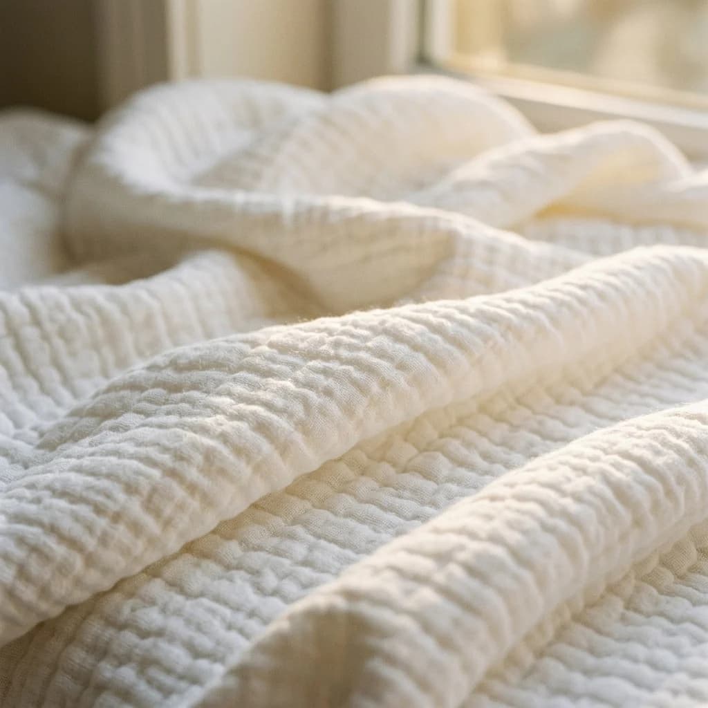 Close-up of the soft, gently crinkled texture of white muslin in natural light