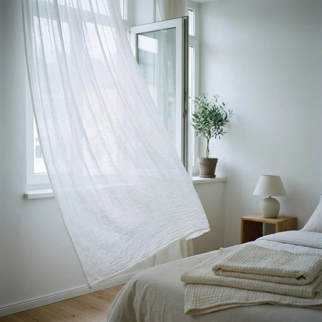 A white textile lifting beside an open window in a bright bedroom
