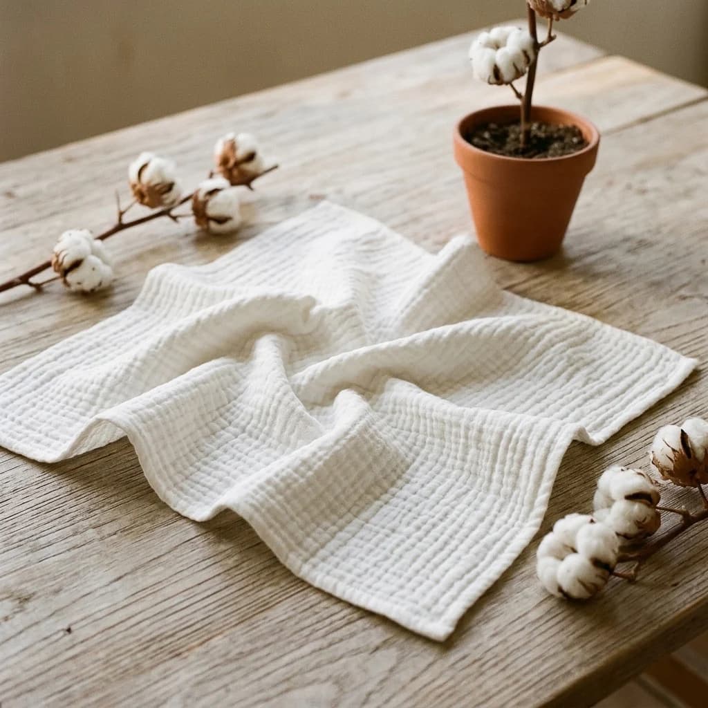 A folded cream blanket on a wooden table beside cotton stems