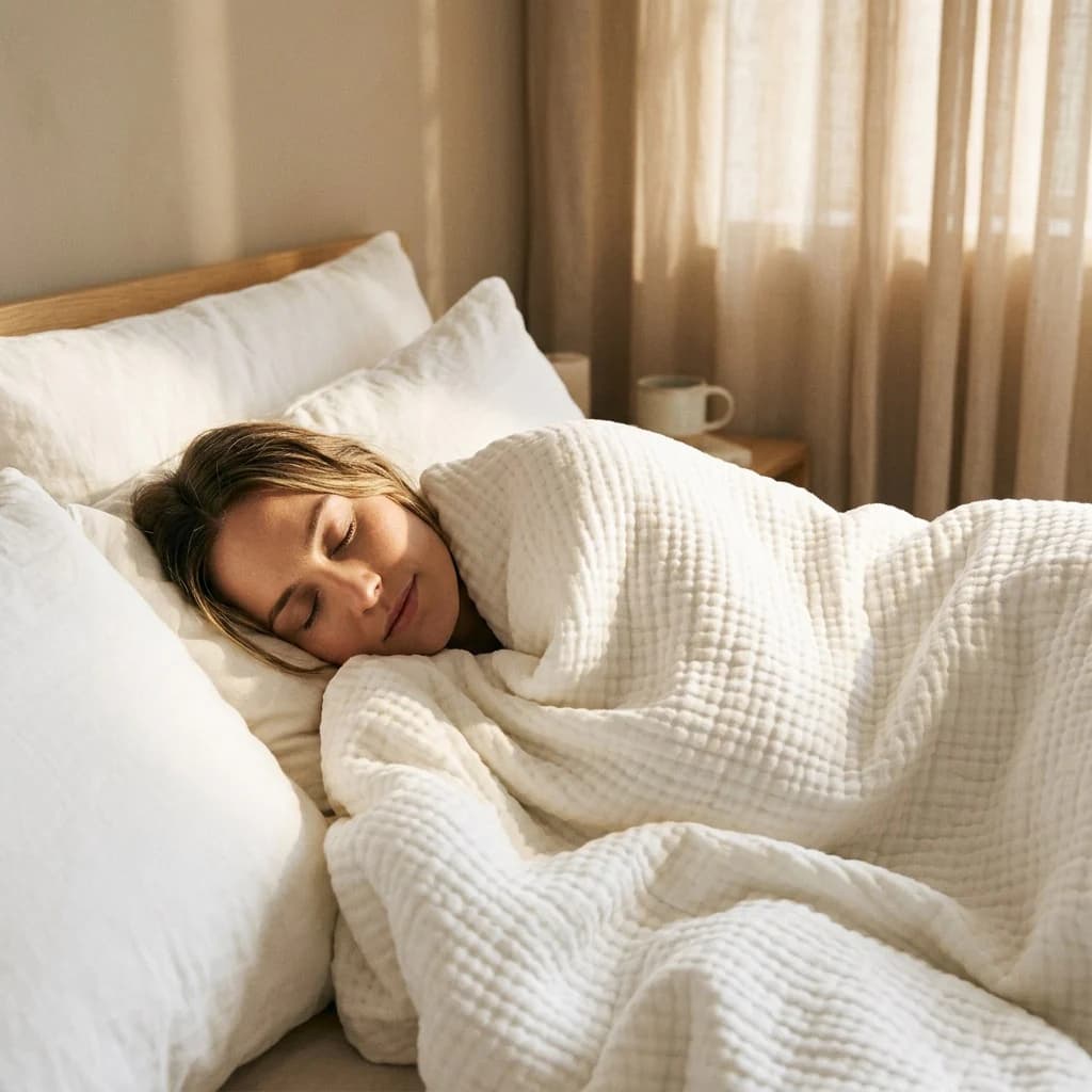 A person resting beneath a white textured blanket in a warm bedroom