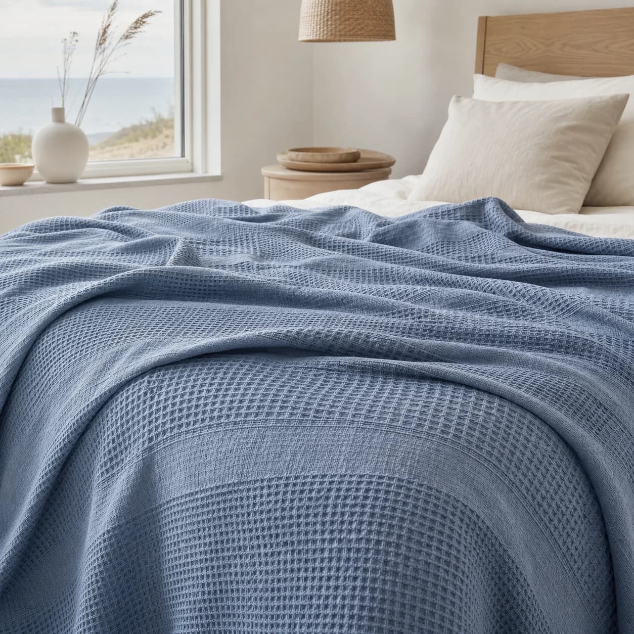 Blue cotton waffle blanket spread across a pale bed