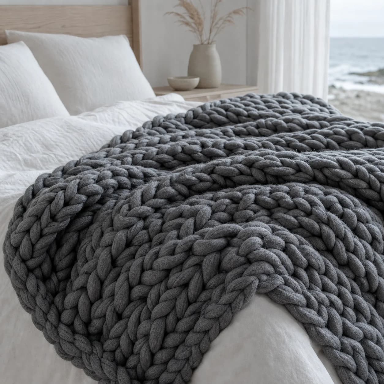Grey handwoven weighted blanket arranged on a pale bed