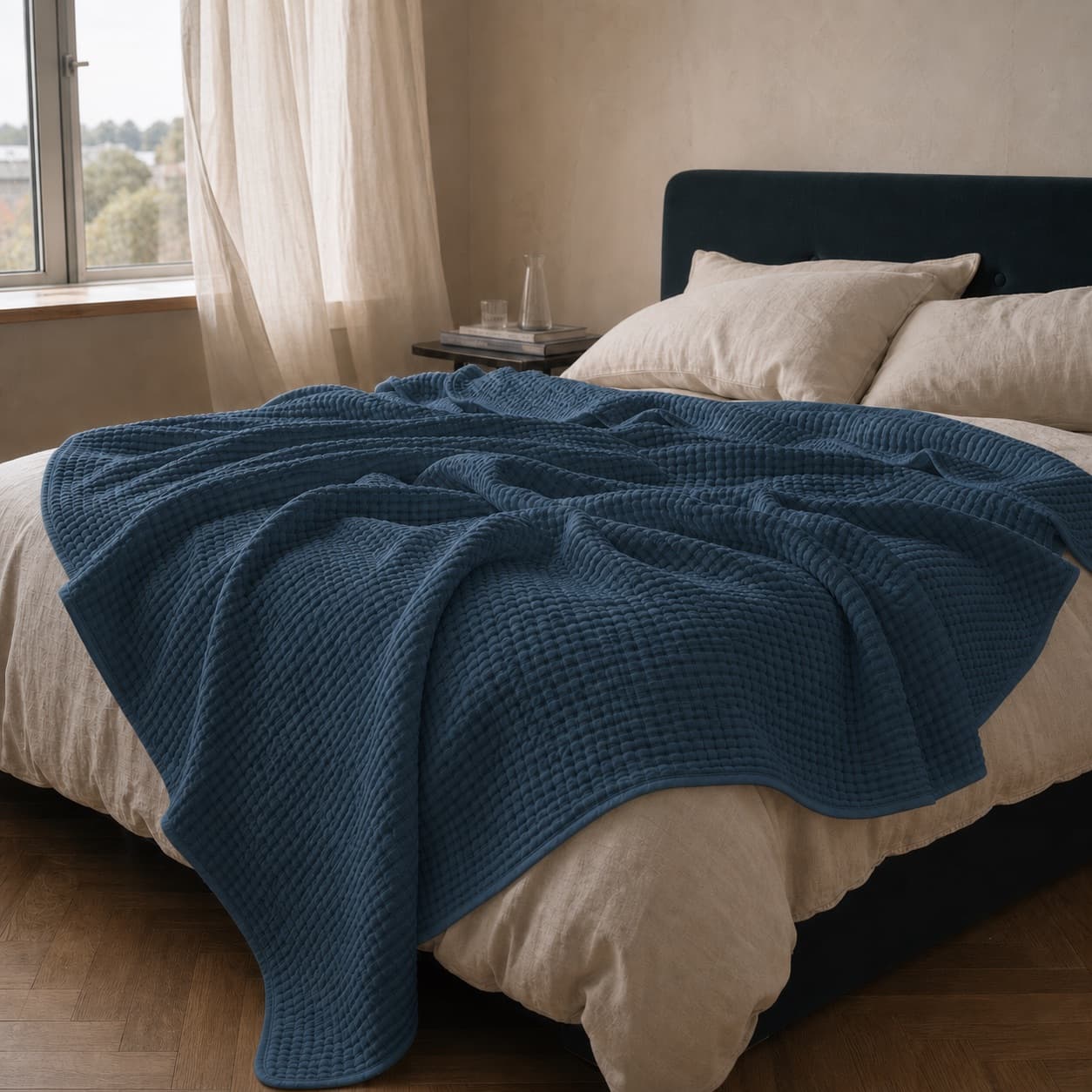 Deep navy lightweight muslin blanket laid across a bed