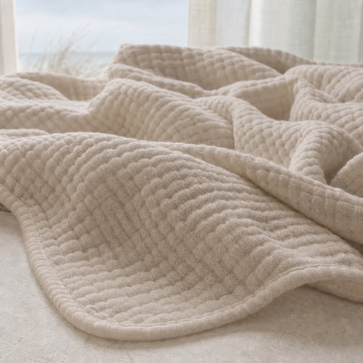 Close-up of the lightweight muslin blanket texture — Dune Beige