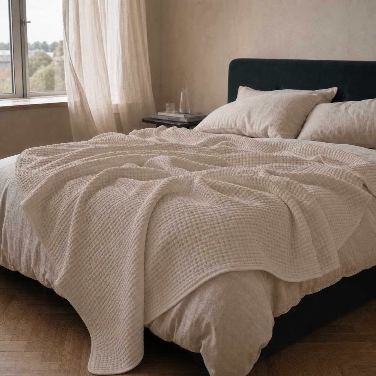 Lightweight warm beige muslin blanket spread across a bed
