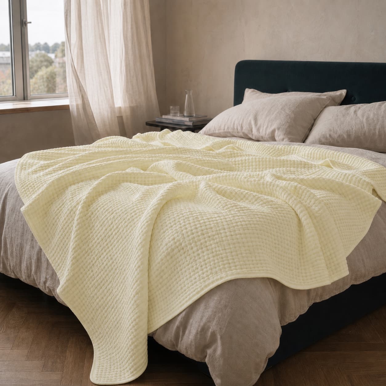 Lightweight sunlit sand muslin blanket spread across a bed
