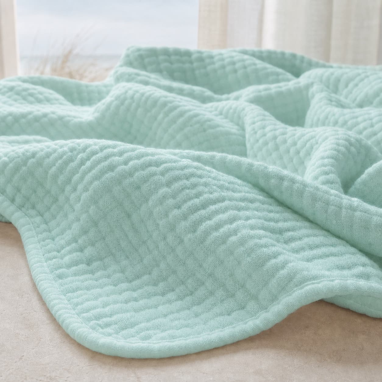 Close-up of the lightweight muslin blanket texture — Mint Breeze