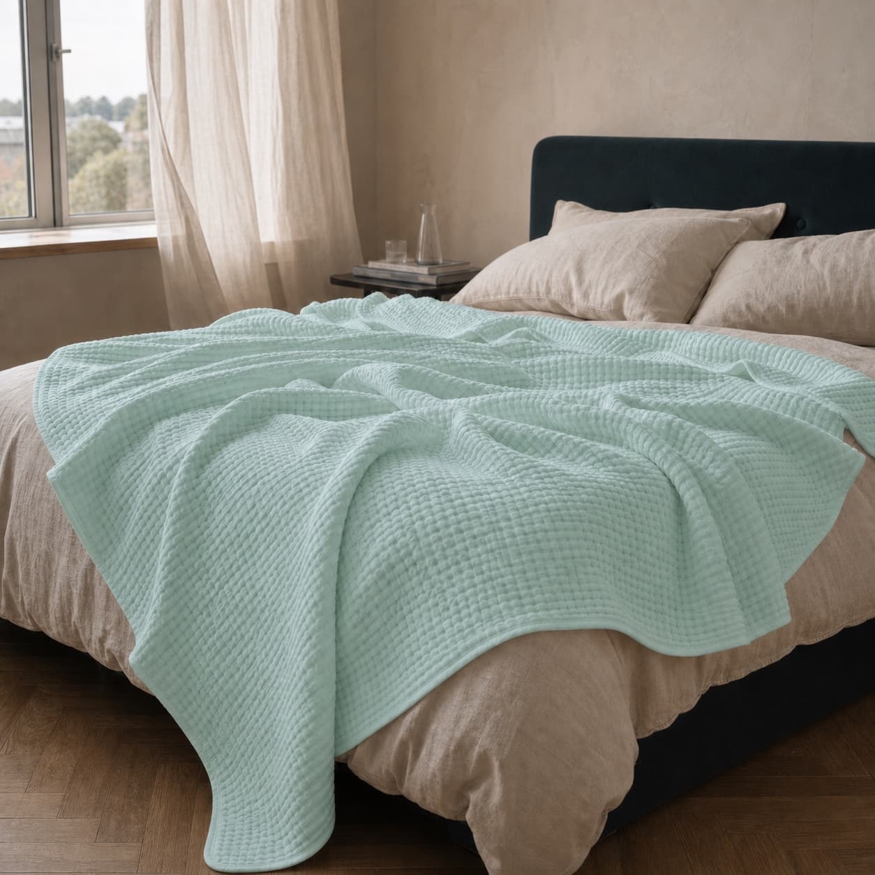 Lightweight mint green muslin blanket spread across a bed