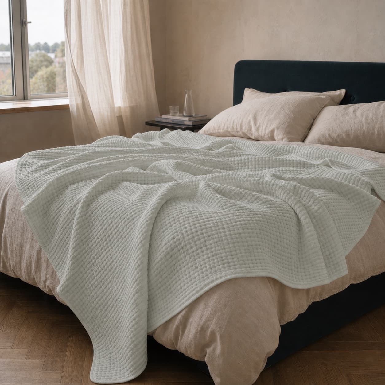 Lightweight silver grey muslin blanket spread across a bed