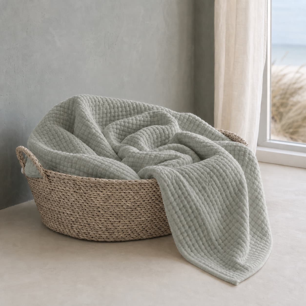 Lightweight silver grey muslin blanket in a basket by a window