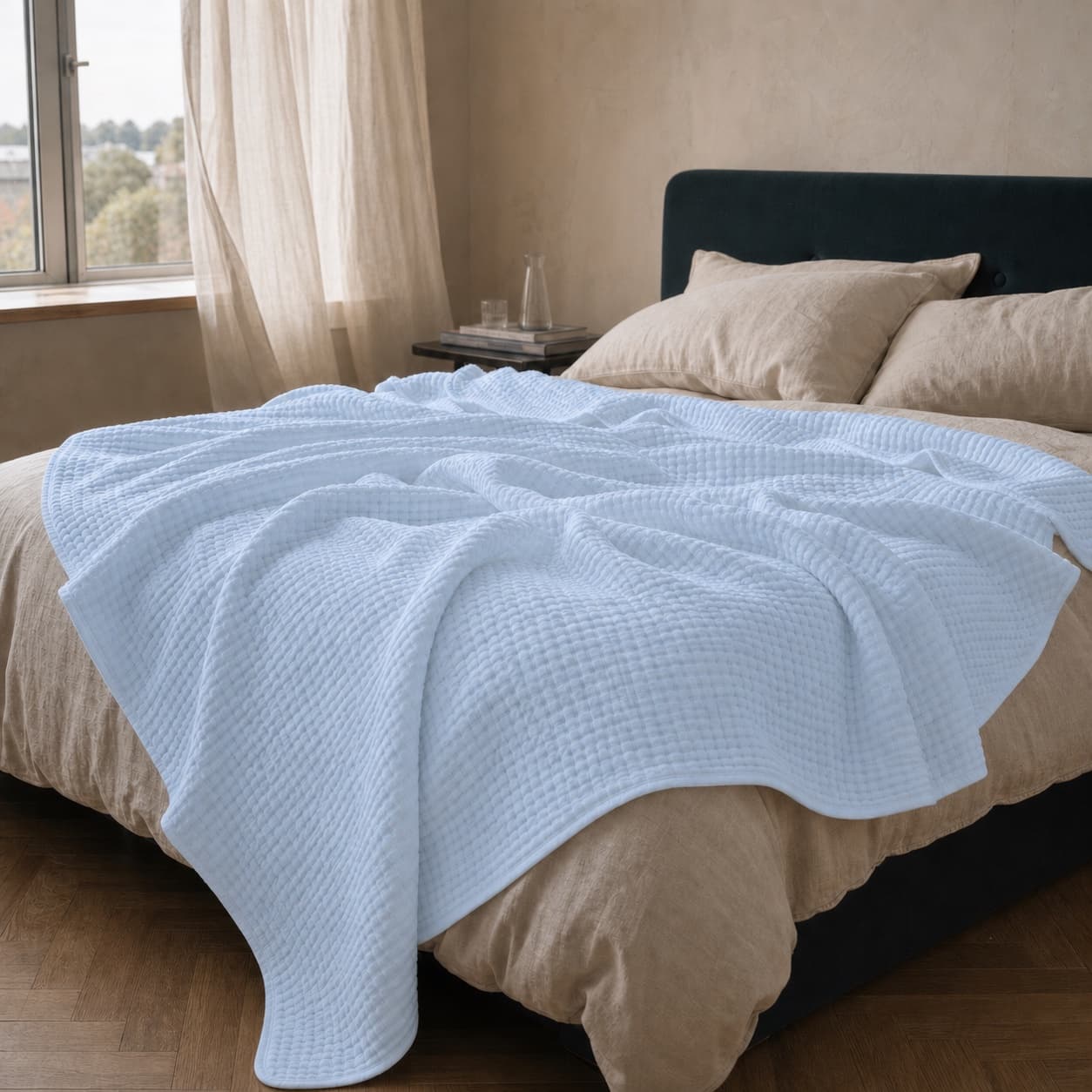 Blue lightweight muslin blanket spread across a bed in natural light