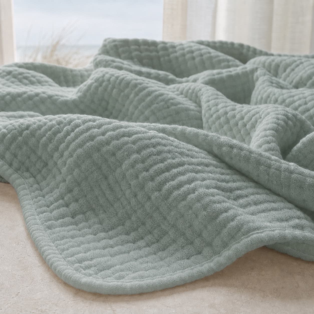 Close-up of the lightweight muslin blanket texture — Soft Sage