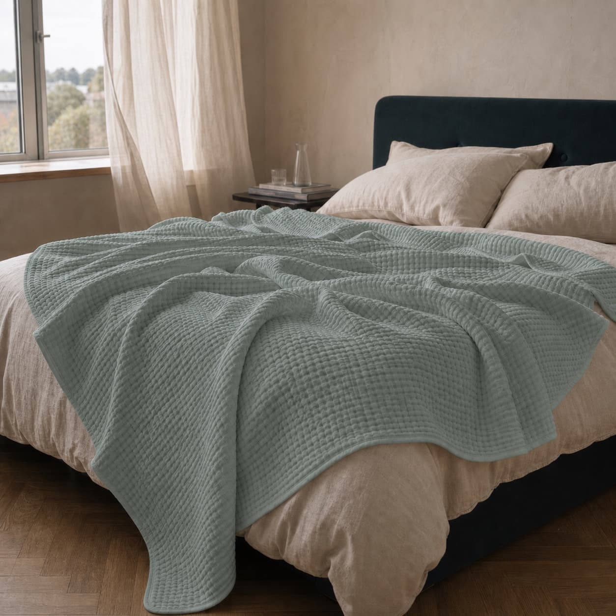 Lightweight sage green muslin blanket spread across a bed
