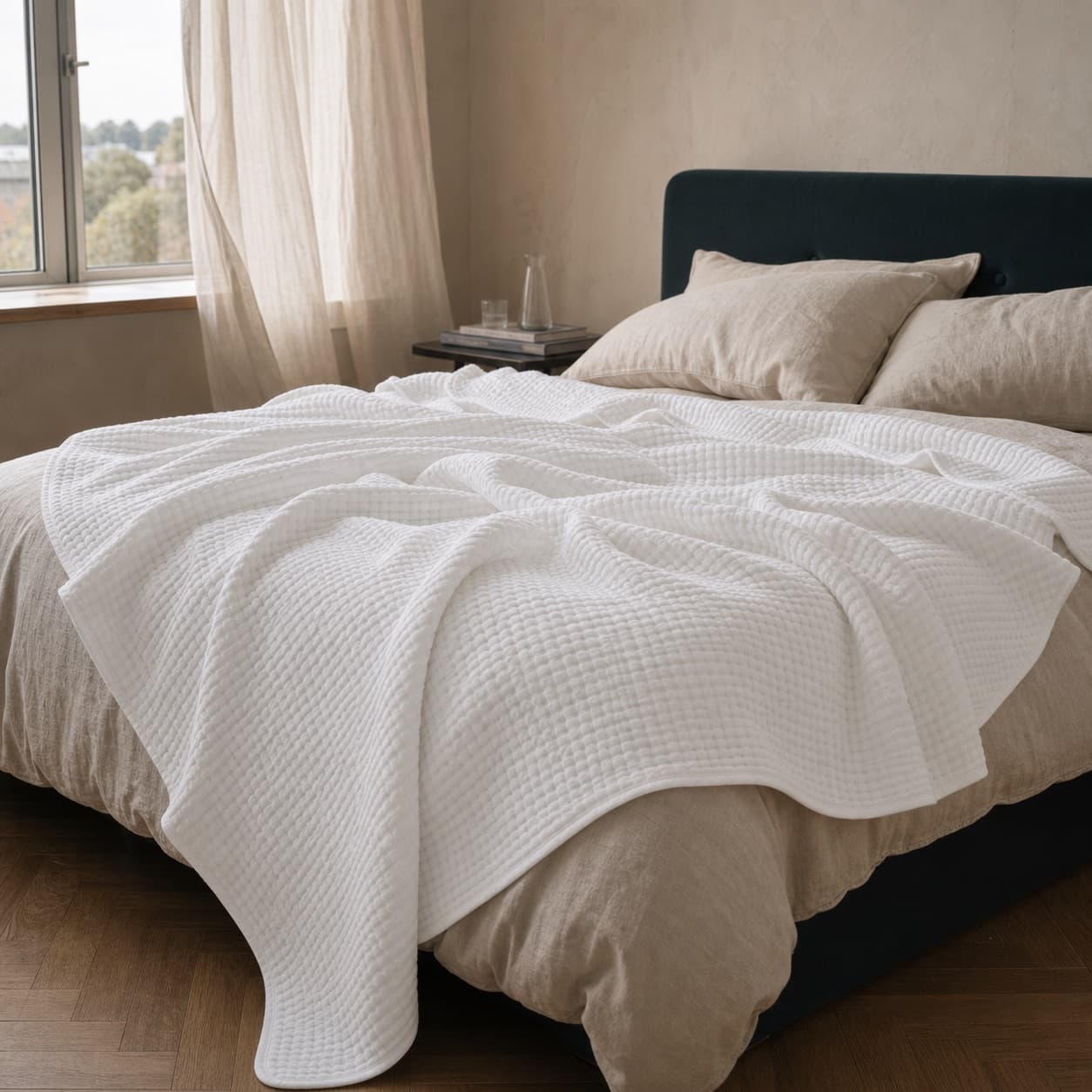 White lightweight muslin blanket spread across a bed by a window