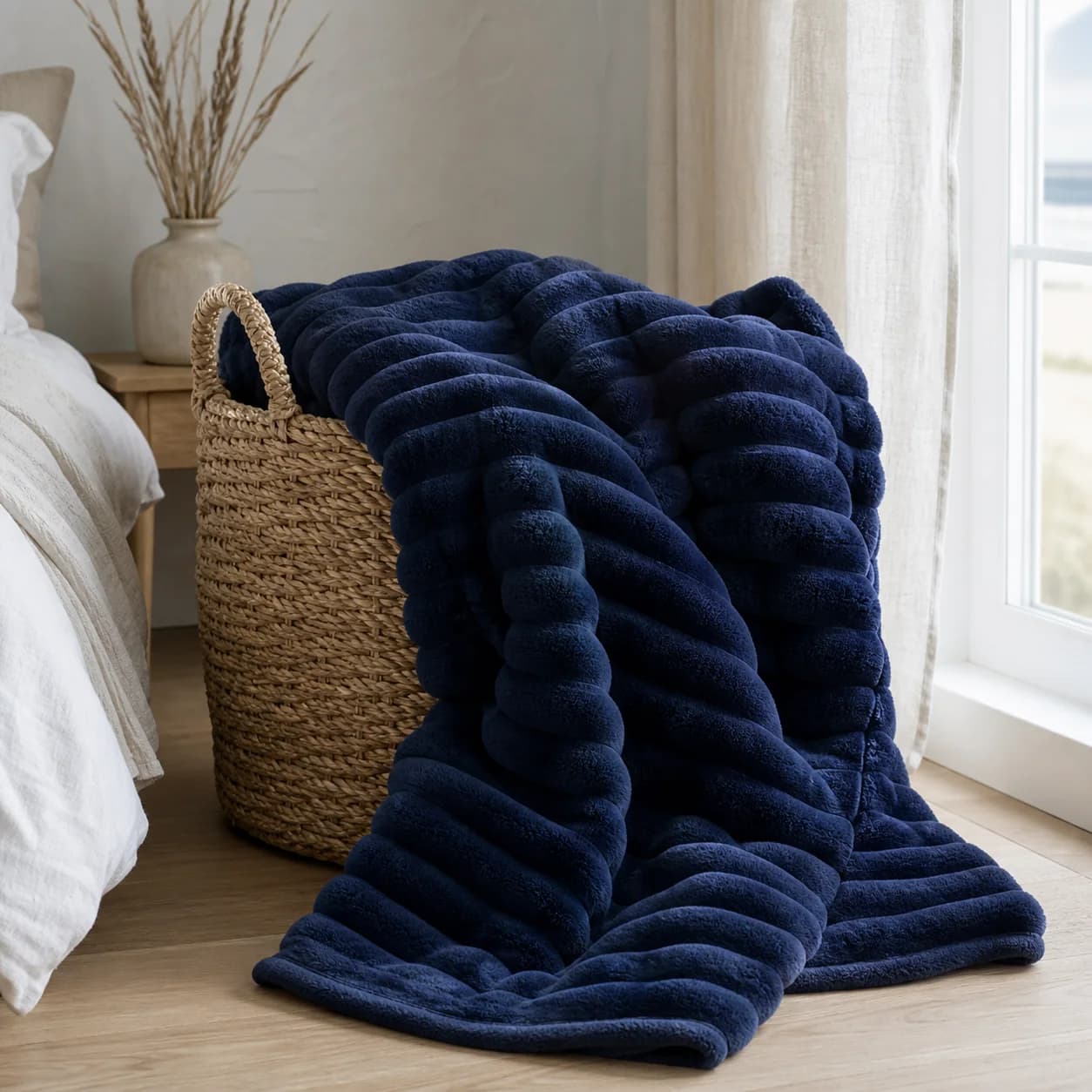 Deep navy ribbed fleece blanket in a woven basket by a window