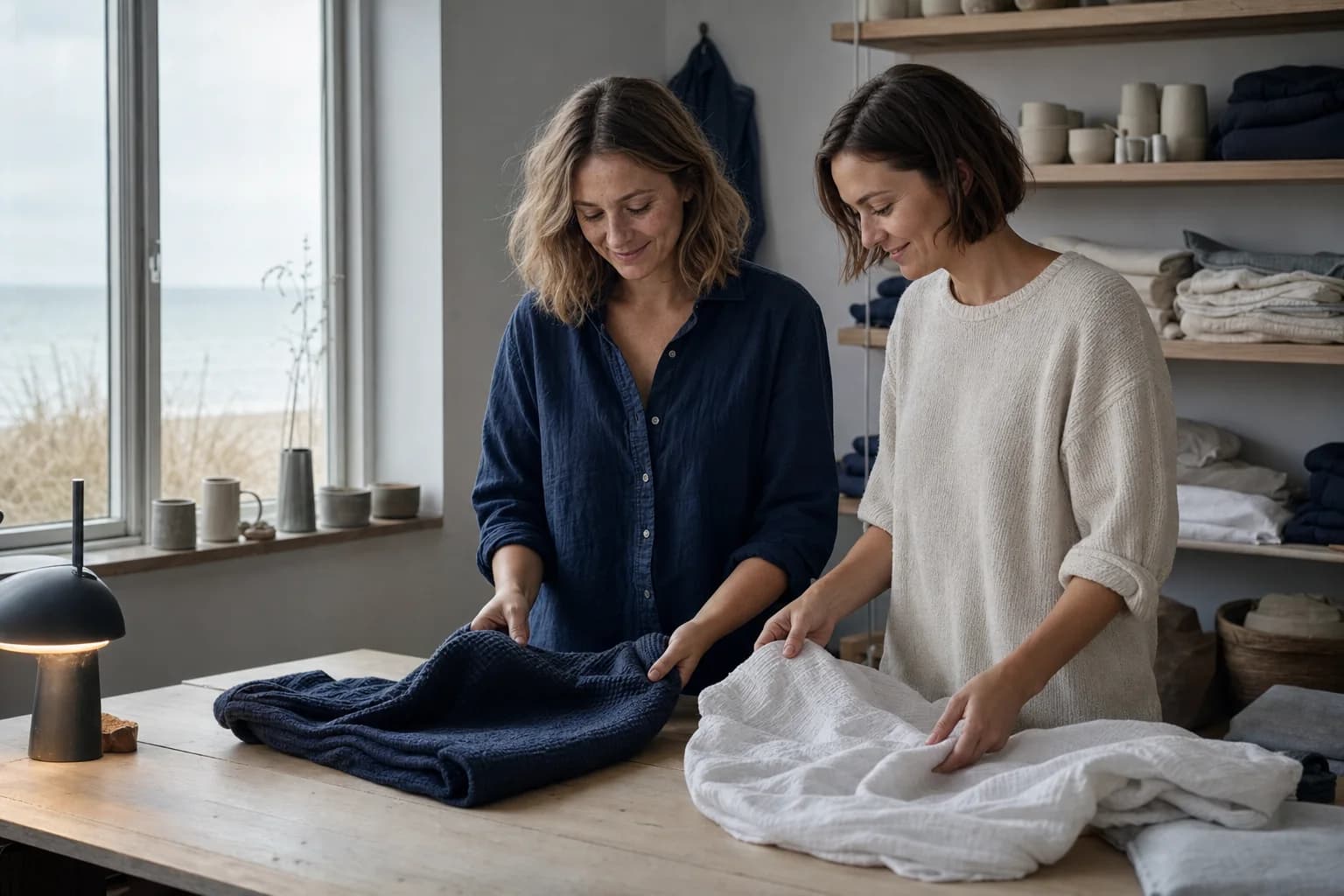 Two people comparing textile samples together in a bright studio