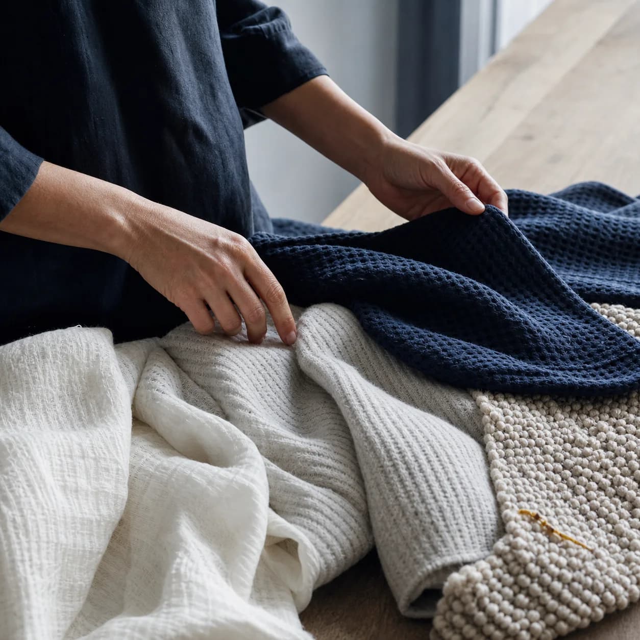 Hands comparing muslin, fleece, waffle cotton and a substantial open weave