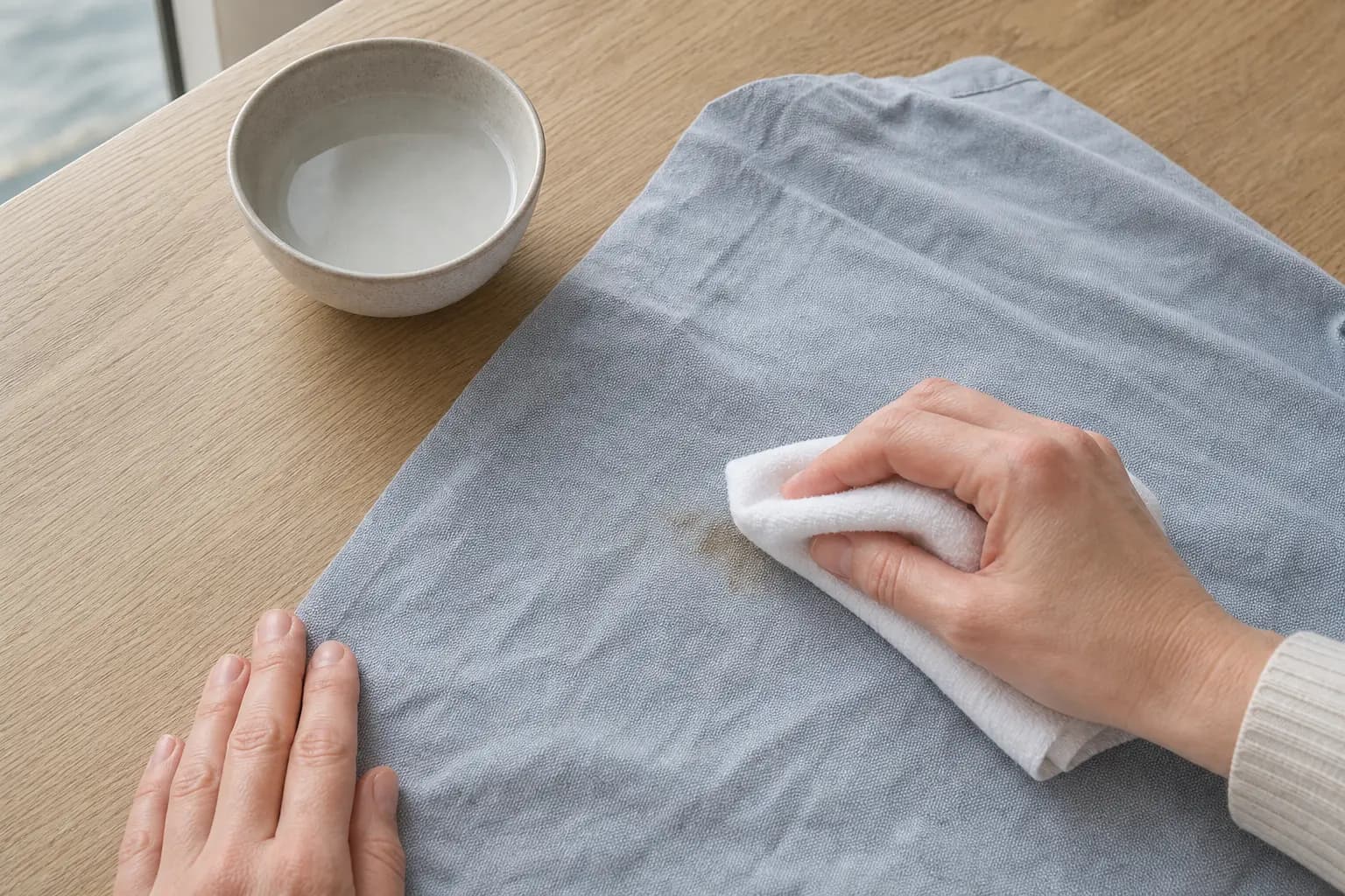 Hands gently blotting a small spill on a light blanket