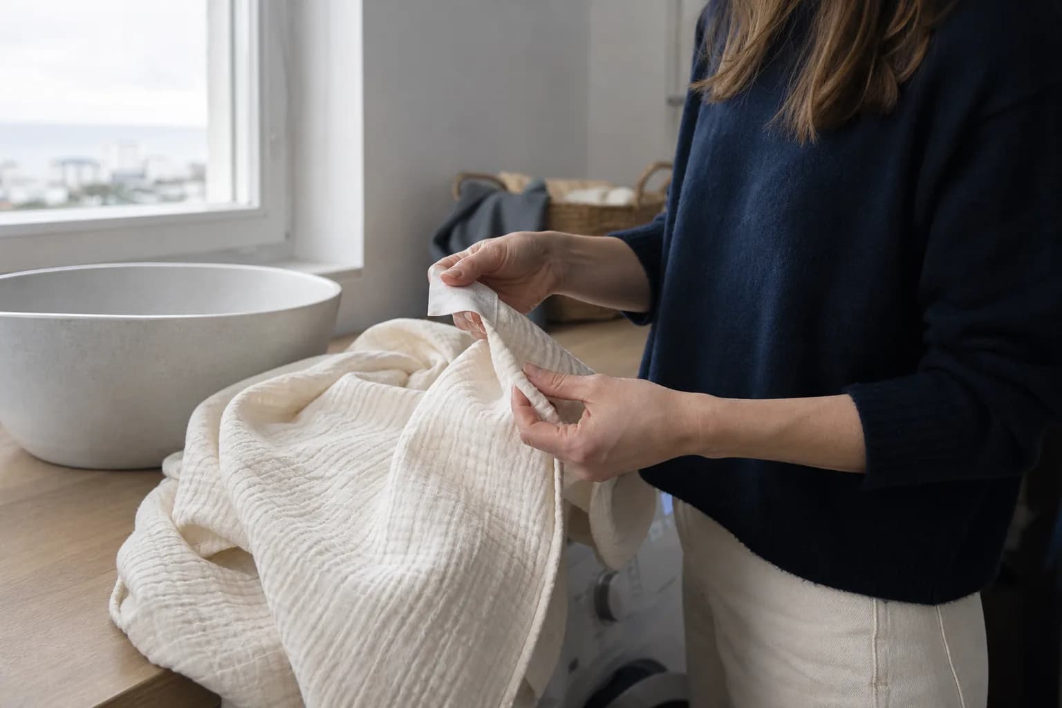 Hands checking the care label on a cream blanket before washing