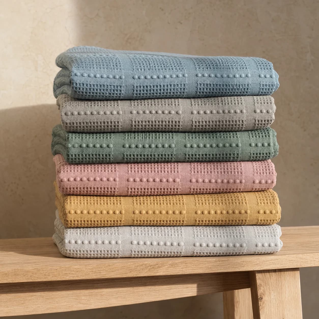 Six cotton waffle blankets arranged in a balanced colour palette