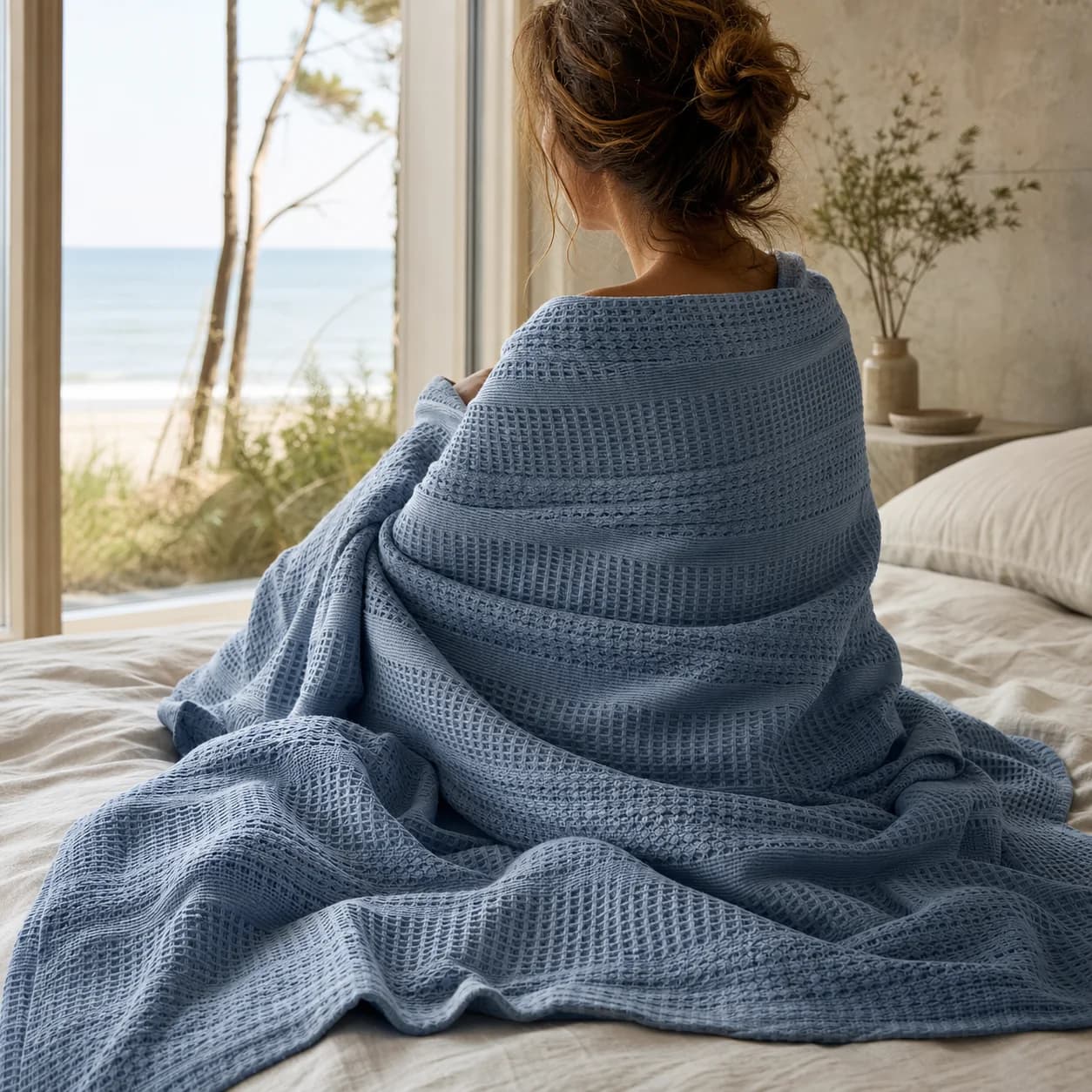 A person wrapped in a soft blue cotton waffle blanket by a window