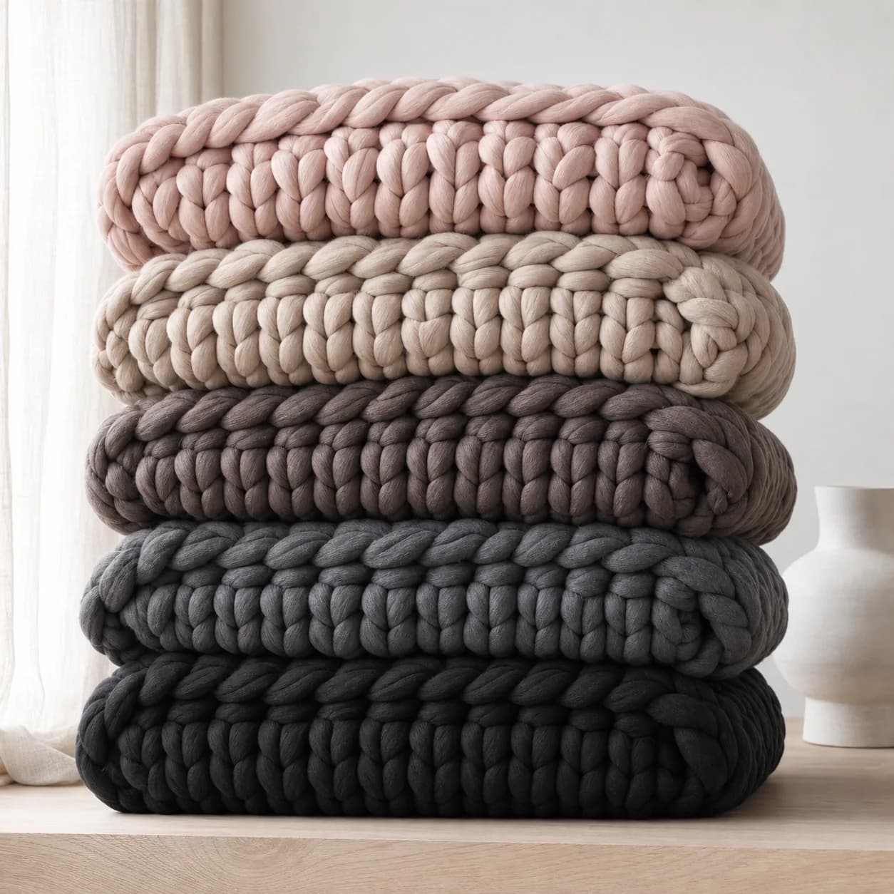 Five handwoven weighted blanket colour studies stacked together