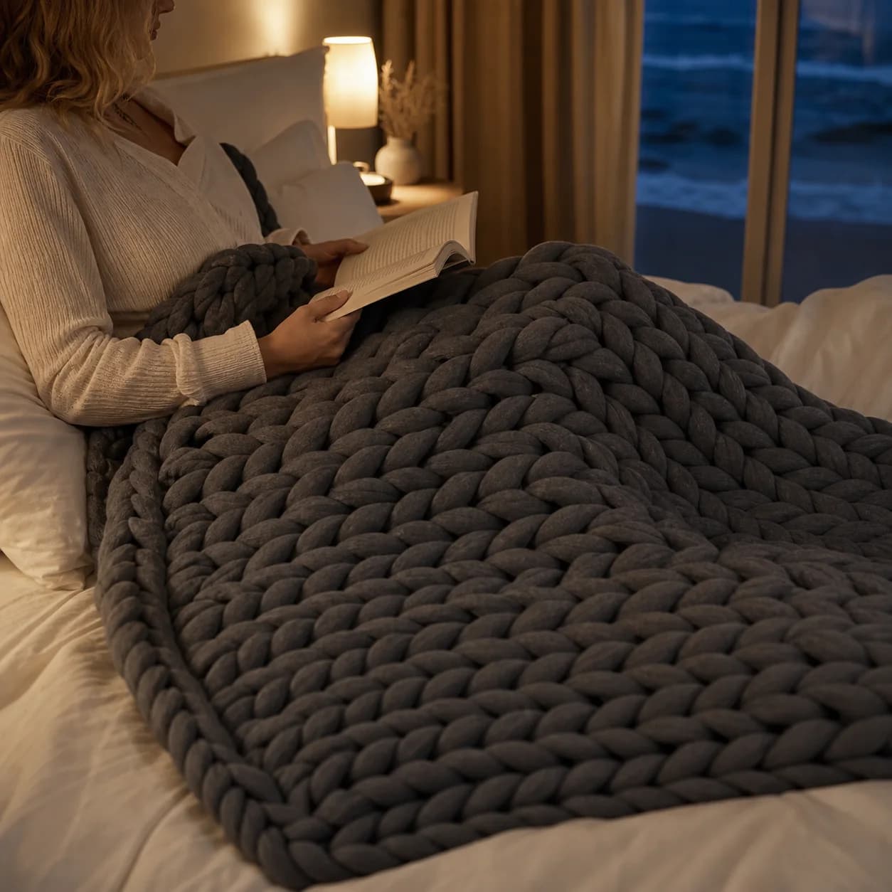 Person reading beside a grey handwoven weighted blanket in an evening interior