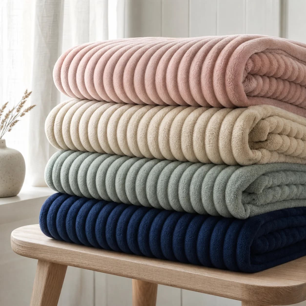 Four ribbed fleece blanket colour studies in navy, sage, beige and rose