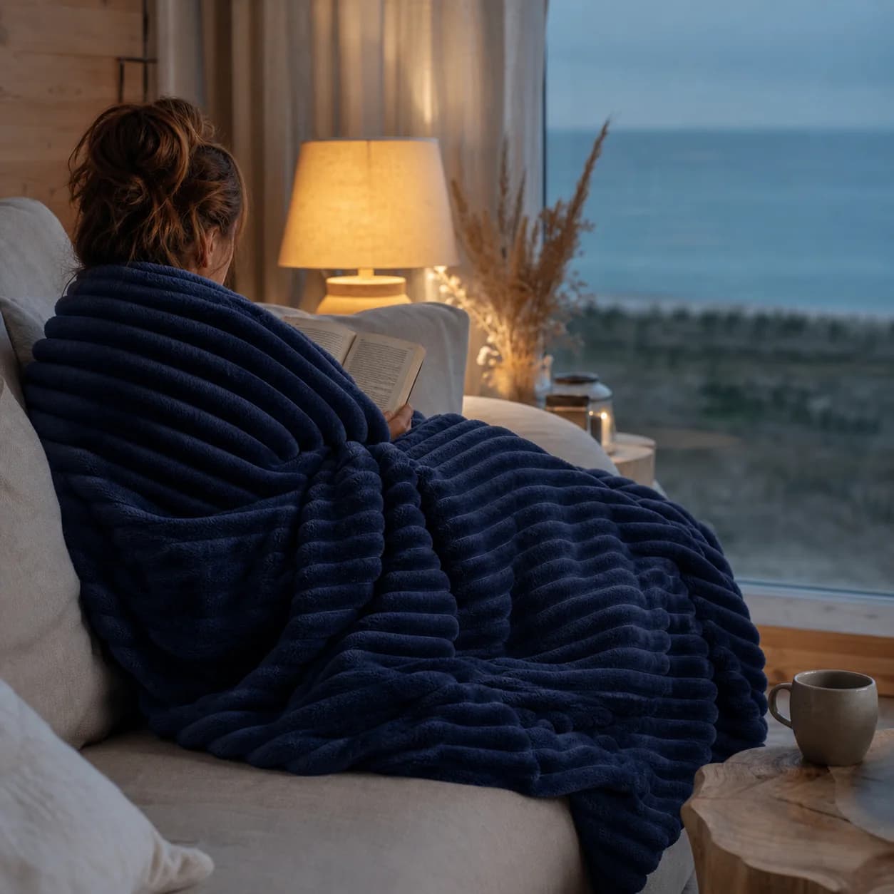 A person reading on a sofa beneath a deep navy ribbed fleece blanket